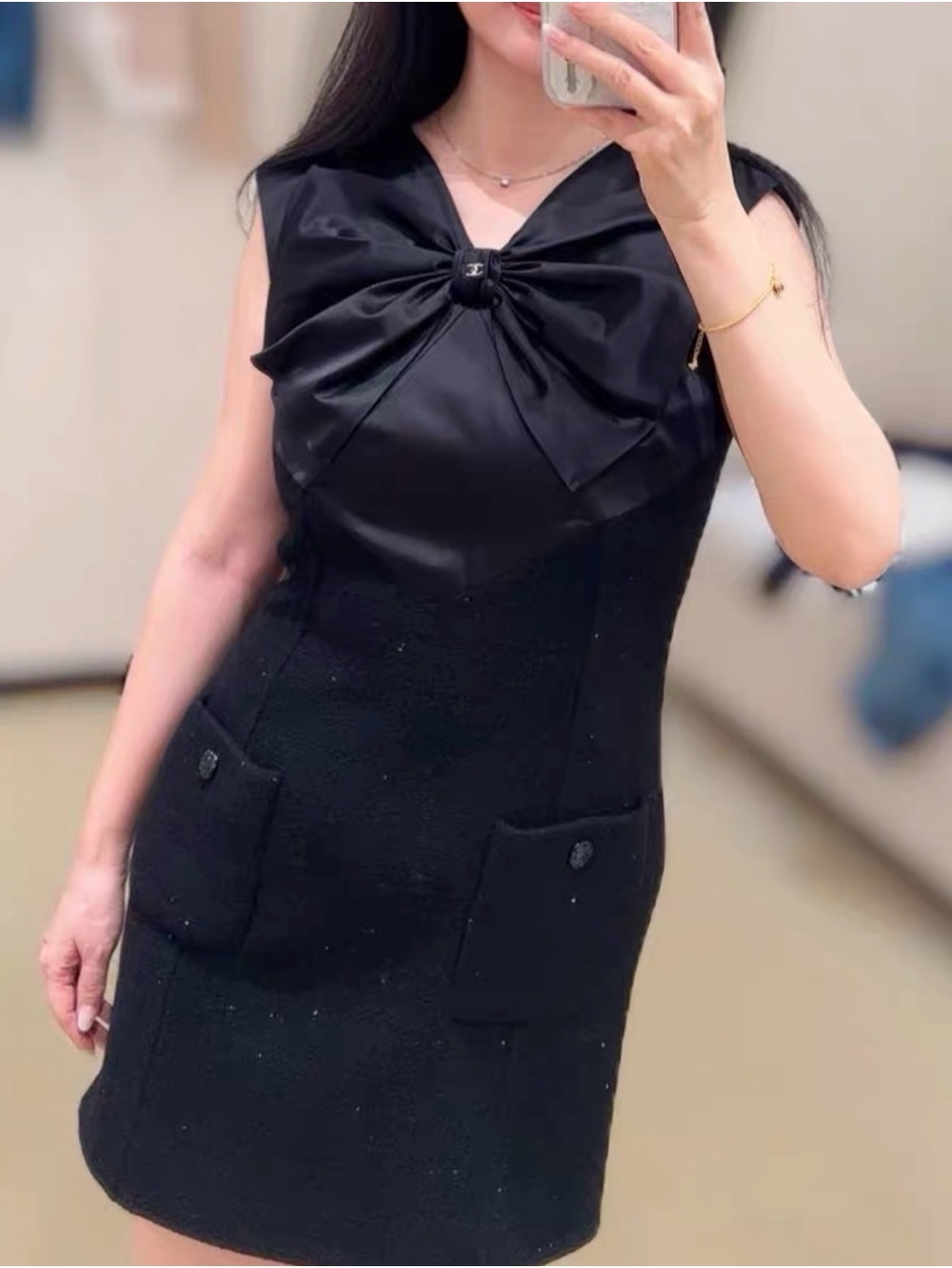 CHANEL 25K Black Satin Tweed Bow Sleeveless Mini Dress Size 38